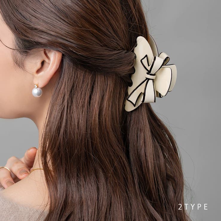 CREAM-DOT バンスクリップ ヘアクリップ リボン アシンメトリー バイカラー 艶 2サイズ パイピング ヘアアクセ ヘアアレンジ 簡単 まとめ髪 髪留め しっかり留まる 大人 ブラック アイボリー ヘアアクセサリーのサムネイル