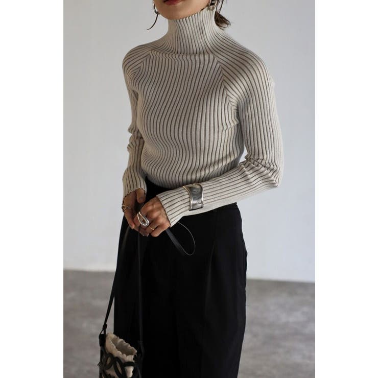 BONJOUR SAGAN ニット セーター ハイネック リブニット レディース トップス 軽量 軽い S/M/L フリー ブラウン グレー 赤 レッド 緑 グリーン カラバリ豊富 BONJOUR SAGAN ボンジュールサガン ハイネックワイドリブニッのサムネイル