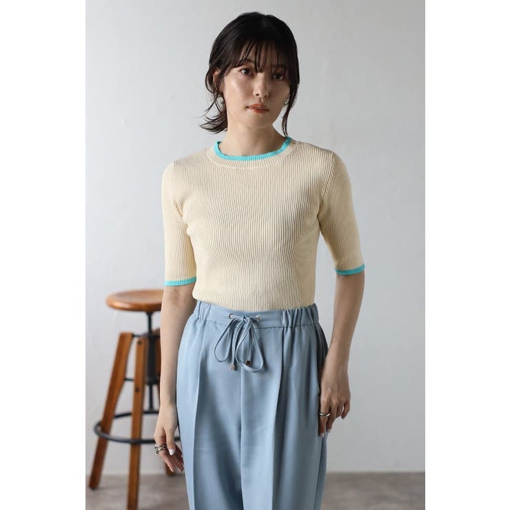 【10％OFFクーポン！本日実施中】BONJOUR SAGAN 配色デザイン五分袖リブニット 77-003345 トップス