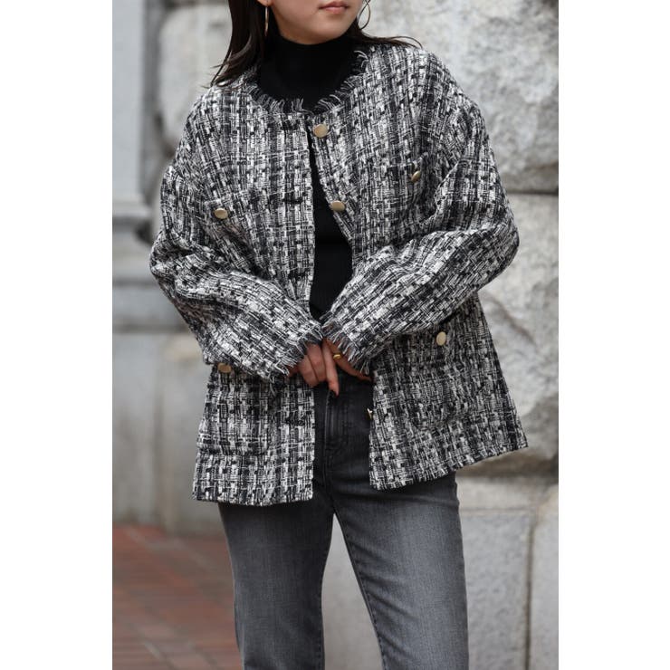 【20％OFFクーポン！2/20(金)限定】BONJOUR SAGAN フリンジノーカラーMIXツイードジャケット 88-003347/88-002869 アウター(コート・ジャケットなど)