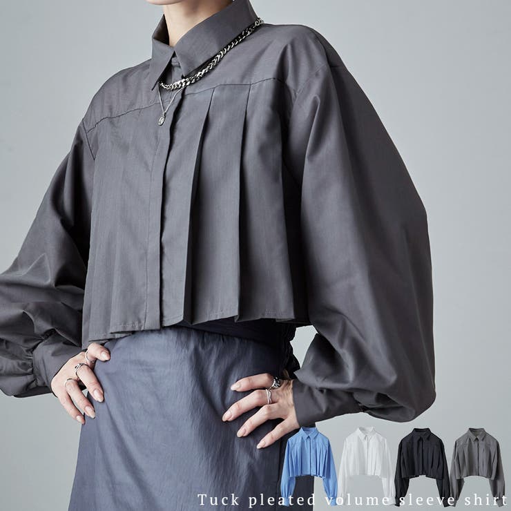 Fashion Letter etoll. エトル タックプリーツボリュームスリーブシャツ トップス 長袖 シャツ ブラウス タック プリーツ クロップド 短丈 ボリュームスリーブ ビショップスリーブ パフスリーブ ステンカラー ショート丈 無地 シンプ