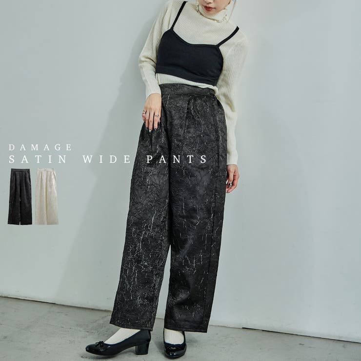 Fashion Letter Fashion Letter ファッションレター ヴィンテージ風 ダメージサテン ワイドパンツ イージーパンツ パンツ ウエストゴム ゆったり 大きめ ボトムス レディース ブラック サテン リラックス パンツ・ズボン