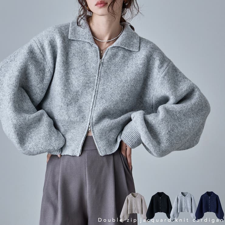 【10％OFFクーポン！12/11(木)1:59まで】Fashion Letter etoll. エトル ダブルジップジャカードニットカーディガン トップス ニット アウター カーディガン 長袖 無地 ジャカード ジャガード MIXニット W ZIP Mのサムネイル