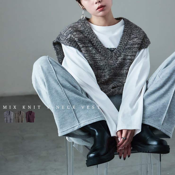 【10％OFFクーポン！1/16(金)1:59まで】Fashion Letter Fashion Letter ファッションレター ミックスニット オーバーサイズ ベスト プルオーバー トップス セーター ジレ 無地 ゆったり 大きめ 低身長 高身長 マ