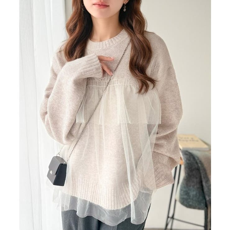 【10％OFFクーポン！12/11(木)1:59まで】Classical Elf 大人の女性にぴったり！チュールドッキングボリュームスリーブニット（長袖） トップス