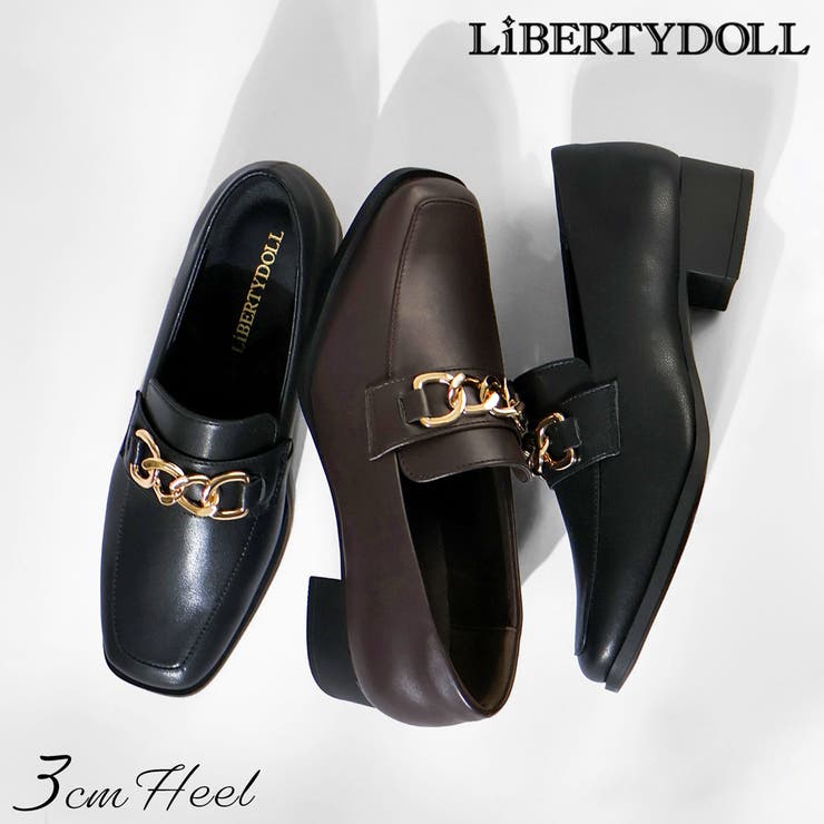 LibertyDoll 3cmヒール オフィス フォーマル カジュアル スクエアトゥチェーンローファー ☆3068 シューズ・靴