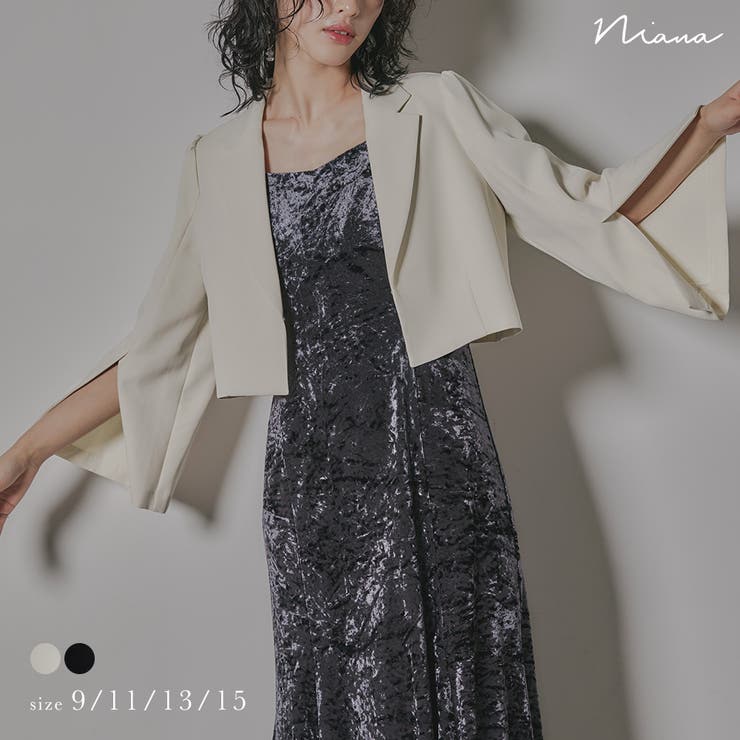 【10％OFFクーポン！7/26(日)1:59まで】Fashion Letter niana ニアナ 結婚式 フォーマル ジャケット レディース 結婚式 ボレロ 長袖 袖スリット テーラード ショート丈 無地 体型カバー オケージョン パーティー ドレス