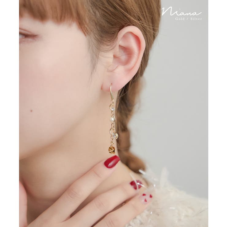 【10％OFFクーポン！1/16(金)1:59まで】Fashion Letter niana ニアナ フラワーモチーフパールピアス 両耳 アクセサリー ジュエリー ビジュー 花 華奢 ロング 小ぶり 上品 ゴールド シルバー フォーマル 普段使い お出か