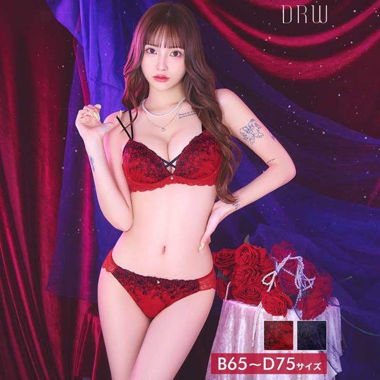 【10％OFFクーポン！11/27(木)1:59まで】Dazzy ディープクロスエンブロイダリーブラジャー&バック透けフルバックショーツ インナー・下着