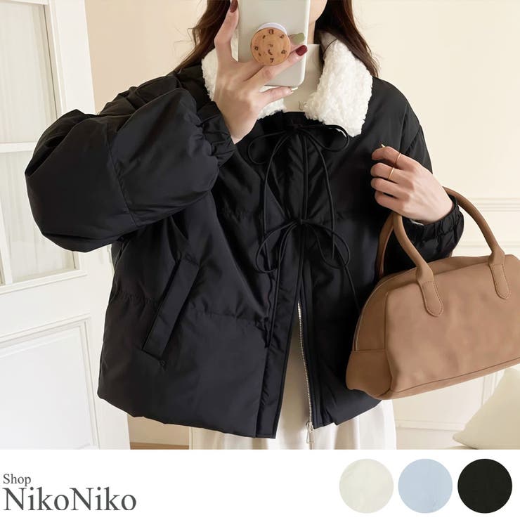 【10％OFFクーポン！11/27(木)1:59まで】ShopNikoNiko 冬新作 リボンデザイン ボアカラー 中綿ジャケッ..