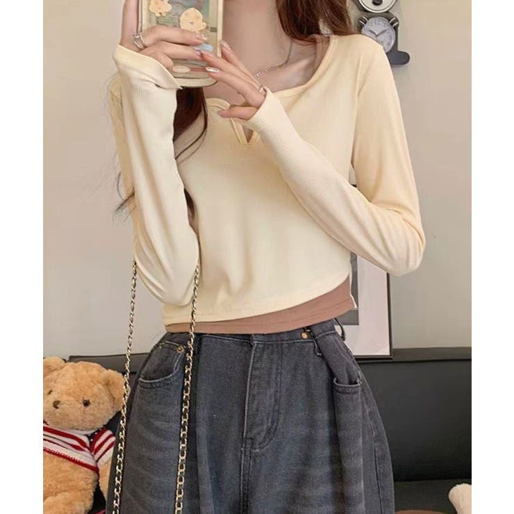 ショート丈トップス キーネック Tシャツ レディースファッション カットソー vネック 韓国風 お洒落 重ね着 着回し レイヤード風 インナー デコルテ レディース