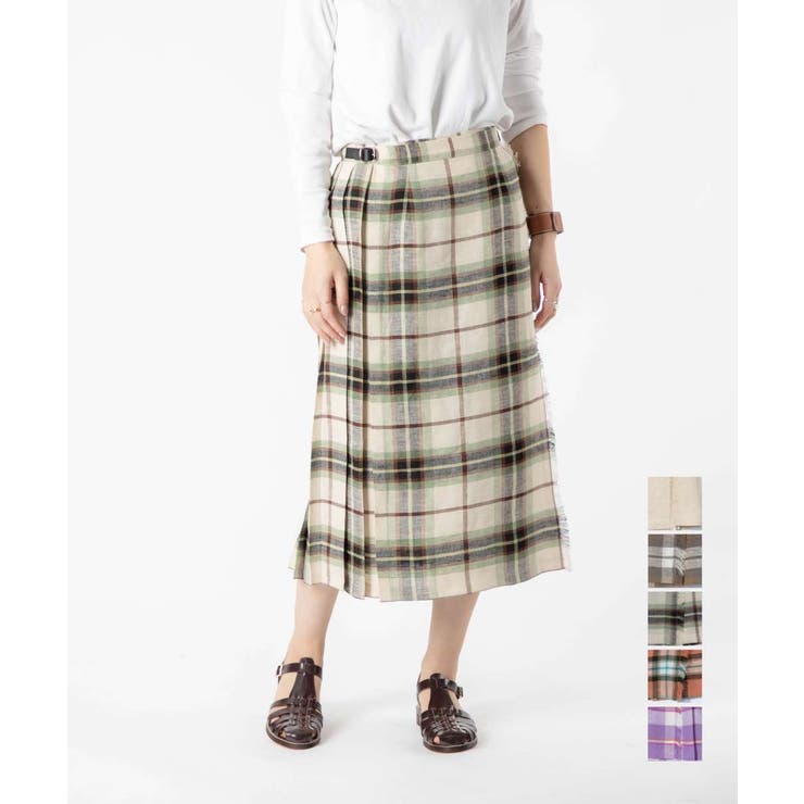 U-STREAM オニールオブダブリン O'NEIL OF DUBLIN 5073L スカート レディース ボトムス キルトスカート 丈73cm 2023SS 麻 リネン チェック柄 ロング丈 ミモレ シングルベルト ラップスカート 巻きスカート Wバッ