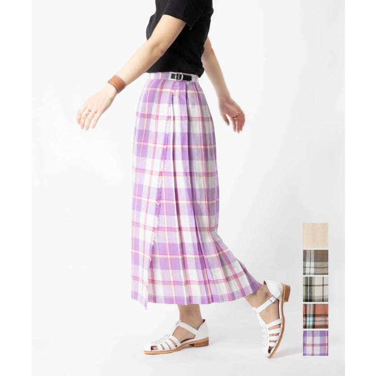 U-STREAM オニールオブダブリン O'NEIL OF DUBLIN 5083L スカート レディース ボトムス キルトスカート 丈83cm 2023SS 麻 リネン チェック柄 ロング丈 ミモレ シングルベルト ラップスカート 巻きスカート Wバッ