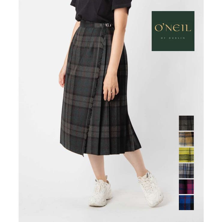 U-STREAM オニールオブダブリン O'NEIL OF DUBLIN 5073WP スカート レディース チェック柄 丈73cm ウール ミモレ丈 シングルベルト ラップスカート 巻きスカート Wバックル スカート