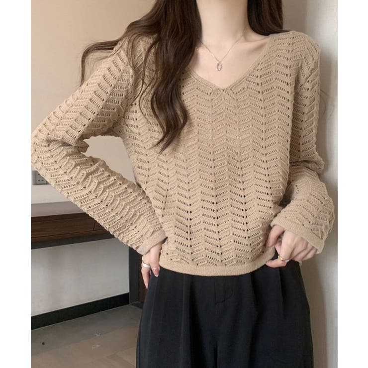 【20％OFFクーポン！9/23(水)限定】透かし編みニット メッシュニット レディース ニットトップス 大人カジュアル プルオーバー 長袖 韓国ファッション レイヤード ゆったり フェミニン 秋 shoplistselect-10068447 SHOPLIST サンプル画像2