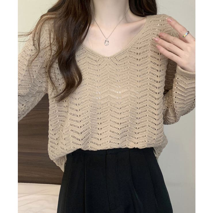 【20％OFFクーポン！9/23(水)限定】透かし編みニット メッシュニット レディース ニットトップス 大人カジュアル プルオーバー 長袖 韓国ファッション レイヤード ゆったり フェミニン 秋 shoplistselect-10068447 SHOPLIST サンプル画像3