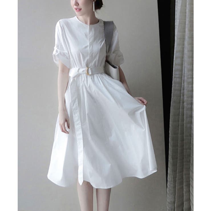 半袖シャツワンピース クールネック 韓国風 レディース Aライン 膝丈ワンピース白 ウエストマーク ポケット付き 夏ワンピース 上品 シンプル 無地ワンピ 通学 通勤