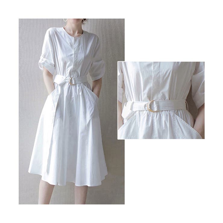 半袖シャツワンピース クールネック 韓国風 レディース Aライン 膝丈ワンピース白 ウエストマーク ポケット付き 夏ワンピース 上品 シンプル 無地ワンピ 通学 通勤