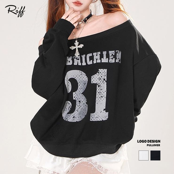 【20％OFF！2/10(火)限定】Riff ナンバーロゴプリントオフショルスウェット ワンショル トレーナー Tシャツ カットソー プルオーバー トップス 長袖 無地 ホワイト ブラック フリーサイズ 春 春服 秋 秋服 冬 冬服 トッ