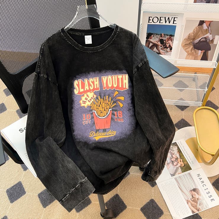 【10％OFFクーポン！11/27(木)1:59まで】DEVICE ビッグシルエット ジャンキープリント ピグメント ロンT ロングスリーブTシャツ 古着風 フライドポテト カレッジロゴ TA966T トップス