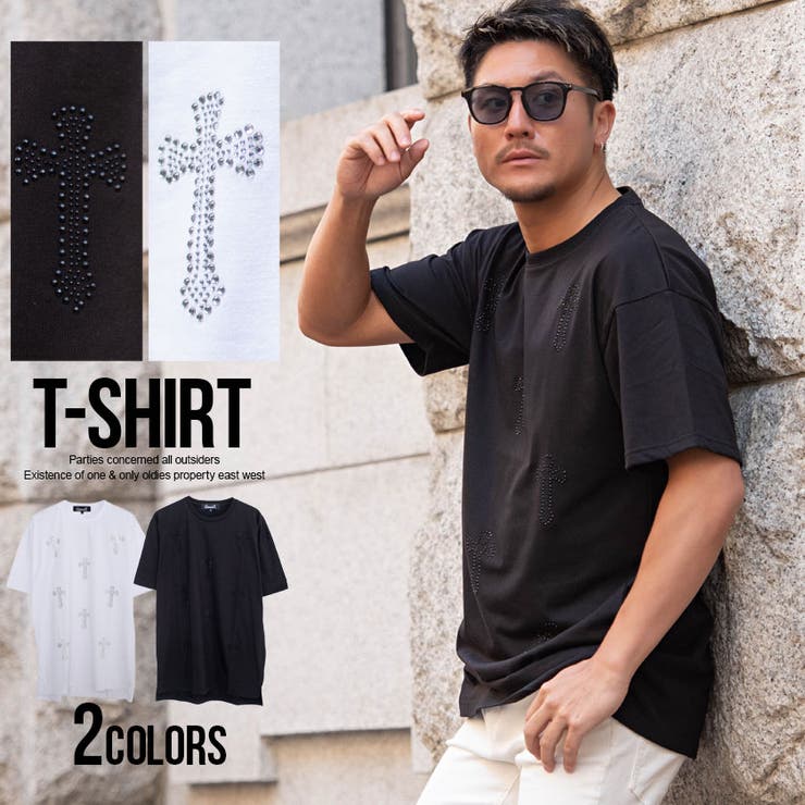 Rakuten - SILVER BULLET Tシャツ メンズ ブランド おしゃれ 半袖 半袖Tシャツトップス ラインストーン カジュアル シンプル 大人 白T 白Tシャツ クロス 十字架 CavariA ホワイト ブラック 白 黒 服 父の日 春 夏 春服 夏服 ファッ