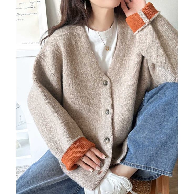 Classical Elf 袖先から薫る。こなれ感たっぷりのこっくり配色。Wフェイス裏配色Vネックカーディガン トップス