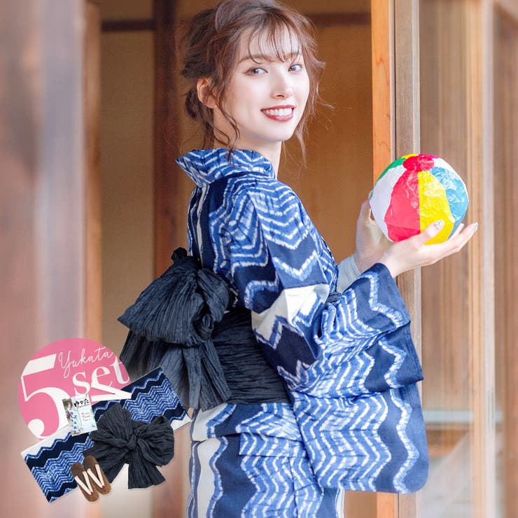 【10％OFFクーポン！2/10(火)1:59まで】Dita 浴衣 セット レディース 5点セット(ゆかた・兵児帯・下駄・着付け本・腰ひも) 2025年 【涼風の江戸祭り】 大人可愛い お洒落 かわいい レトロ 青 紺 白 シンプル 和柄 縞 ストライプ