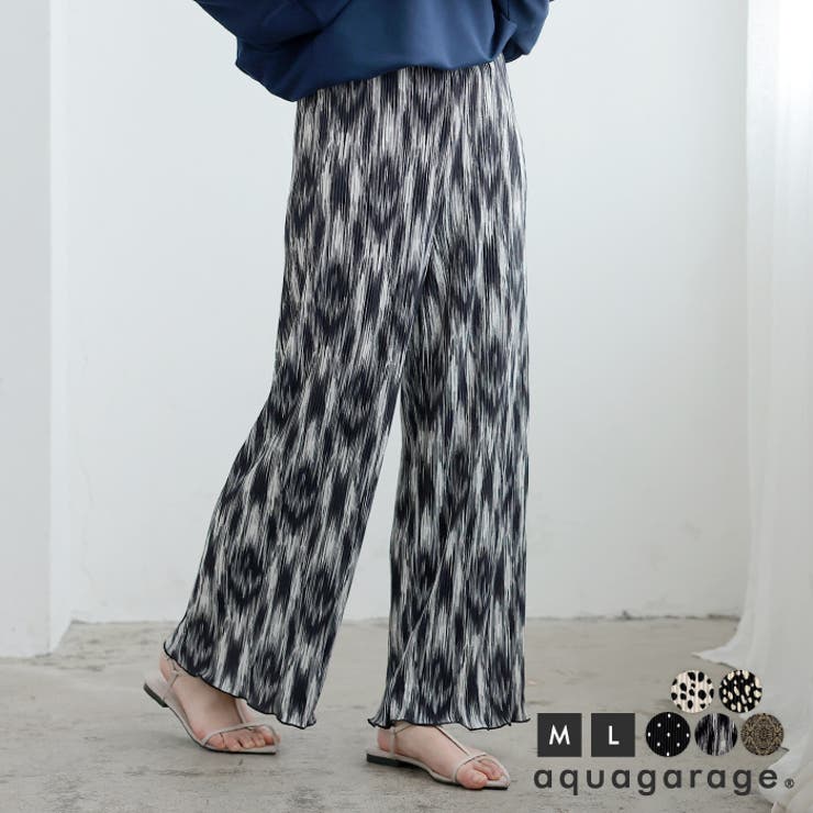 【10%OFFクーポン!11/27(木)1:59まで】aquagarage 柔らかな履き心地で楽ちん、プリントプリーツパンツ パンツ・ズボン
