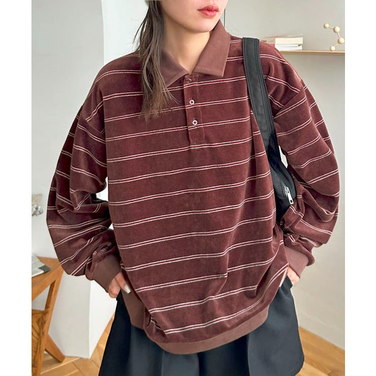 【10％OFFクーポン！11/27(木)1:59まで】PAL GROUP OUTLET 【Discoat】ベロアボーダーポロ トップスのサムネイル