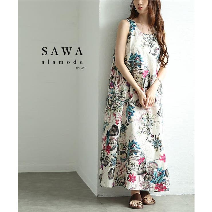 Sawa a la mode 夏を感じる涼しげなボタニカル柄ロングワンピース レディース ファッション ワンピース 花柄 ロング丈 ノースリーブ 大人可愛い 40代 レディースファッション 50代女性 ファッション 60代 ミセスファッション サワアラモ
