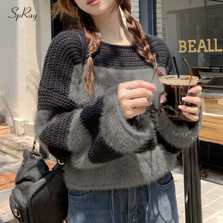 SpRay シャギーボーダークロップドニット トップス