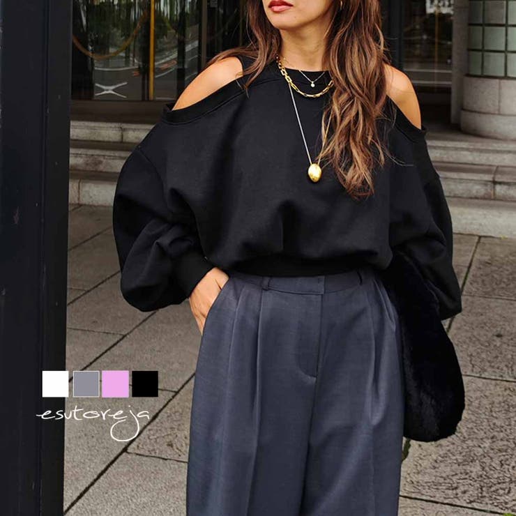 BUYSENSE オープンショルダースウェットトップスesutoreja カットソー スタイルアップ レディース トレンド トップス