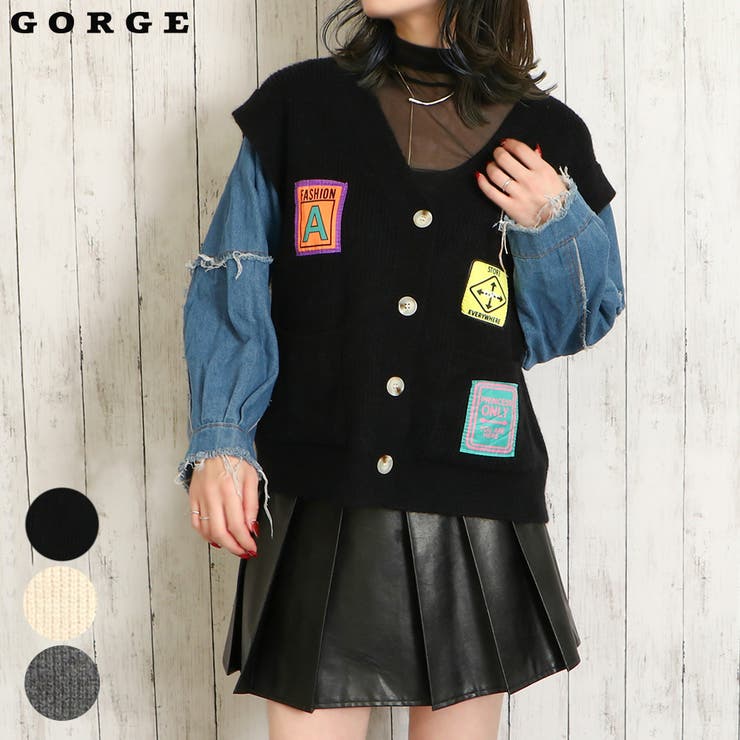 【10％OFFクーポン！2/23(月)1:59まで】GORGE デニム袖ワッペン付きカーディガン トップス