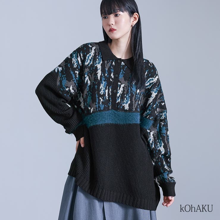 osharewalker kOhAKUアート柄切替ポロニット トップス
