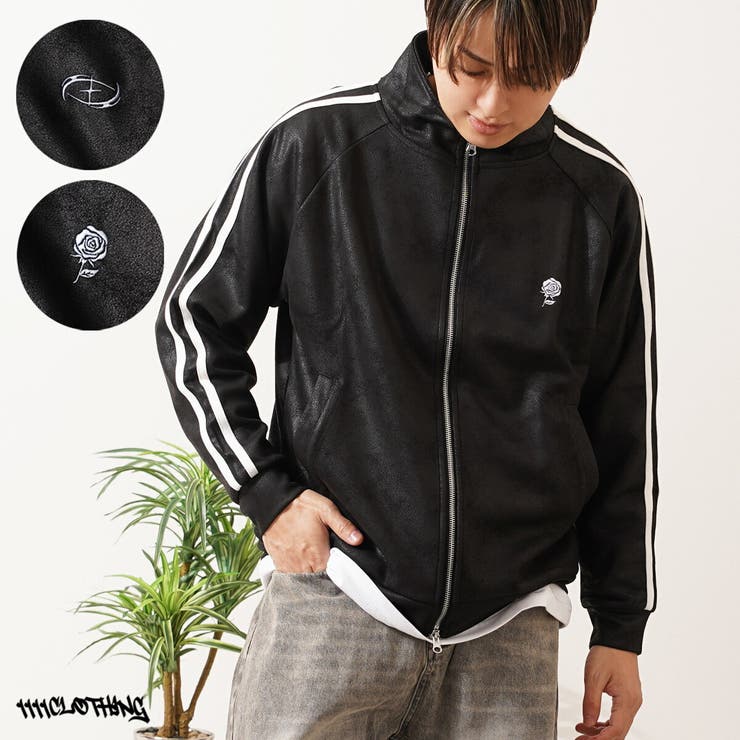 ONE 4 PREMIUM レザーライク トラックジャケット メンズ ブルゾンレディース 袖ライン ワンポイント刺繍 ジップブルゾン スタンドカラー フルジップ トップス 長袖 秋冬 秋服 冬服 春服 韓国ファッション ストリート系 ブランド ストリート