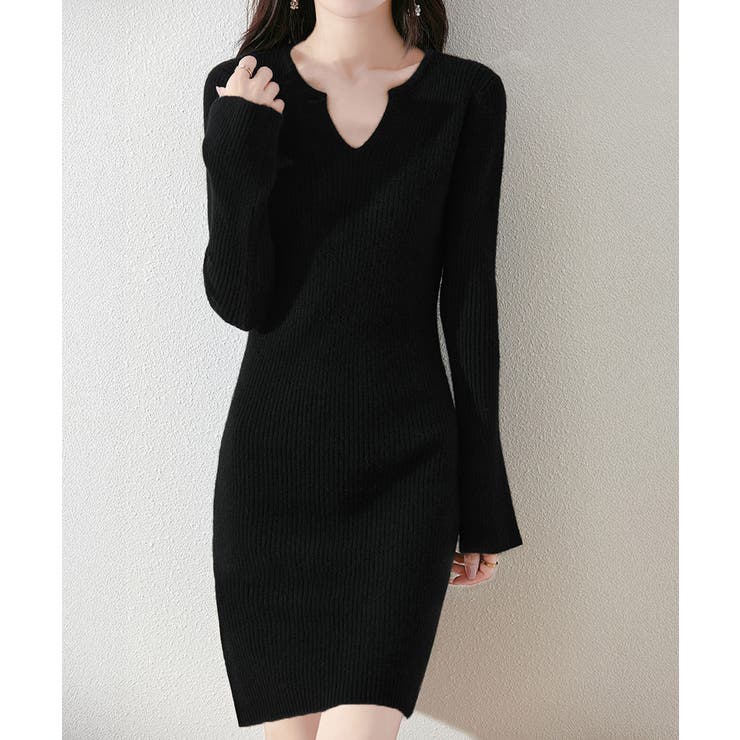 SUNSHINE CLOSET キーネック タイトリブニットワンピース ワンピース・ドレス