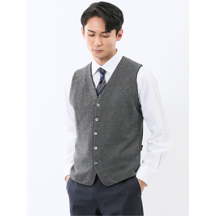 TAKA-Q MEN ウォッシャブル ウール混 バーズアイ 前開きベスト トップス