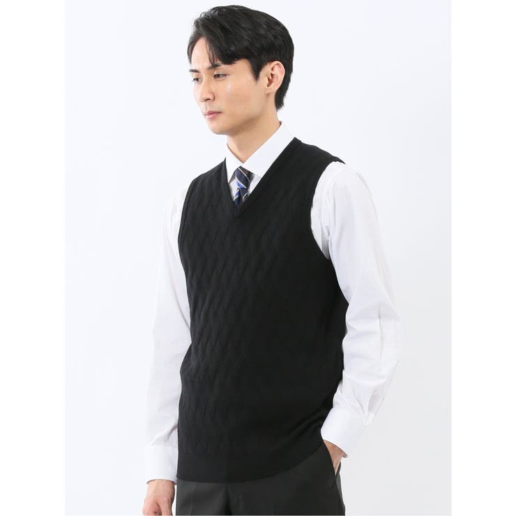 TAKA-Q MEN ウォッシャブル ウール混 寄せ柄 プルオーバーベスト トップス