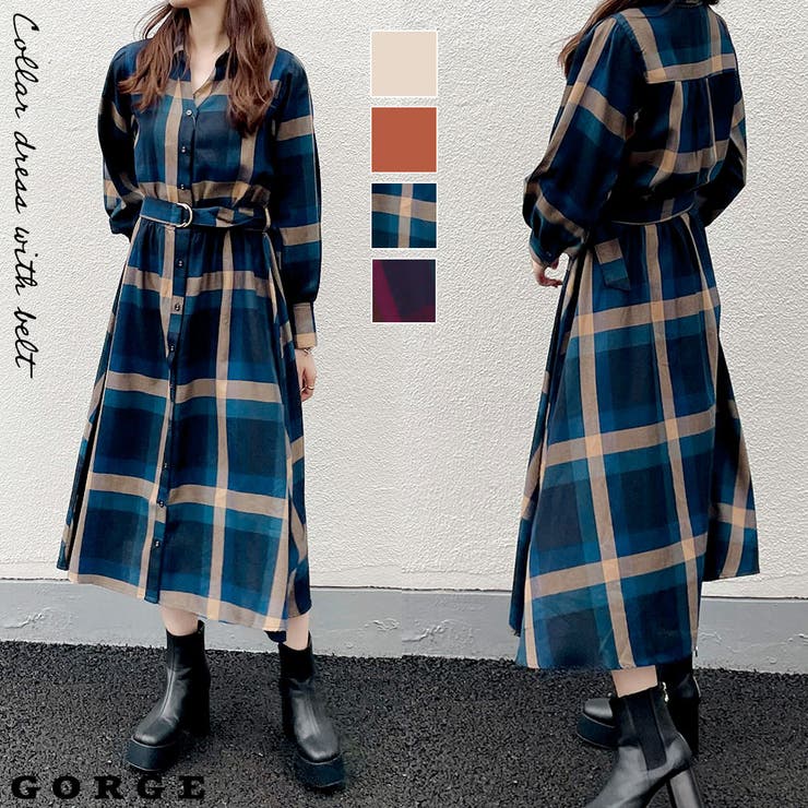 GORGE ベルト付き抜き襟ワンピース ワンピース・ドレス