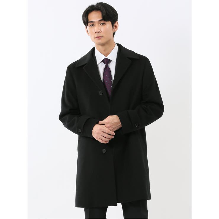 【10％OFFクーポン！2/10(火)1:59まで】TAKA-Q MEN ウール100% ステンカラーコート 無地黒 アウター(コート・ジャケットなど)