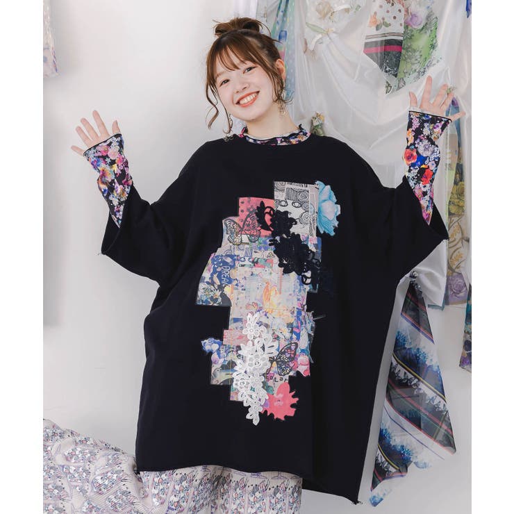 【20％OFF！1/25(日)限定】ScoLar コラージュ柄 レース貼り付け裏毛チュニック トップス