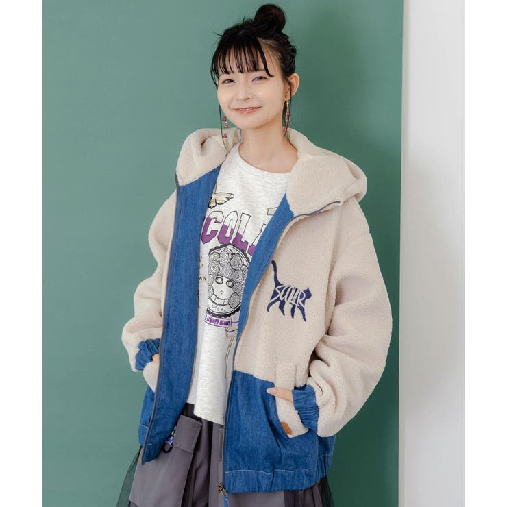 【10％OFFクーポン！11/27(木)1:59まで】ScoLar ネコ刺繍ボア×デニム異素材切替ブルゾン アウター(コート・ジャケットなど)