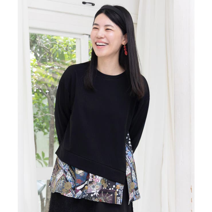 【10%OFFクーポン!12/11(木)1:59まで】ScoLar 異素材ミックス裏毛アシメプルオーバー トップス