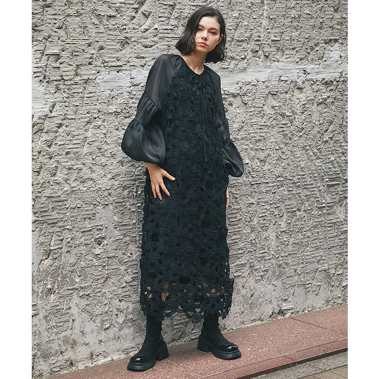 SMILE ORCHID フラワーモチーフバルーン袖ワンピース ワンピース・ドレス