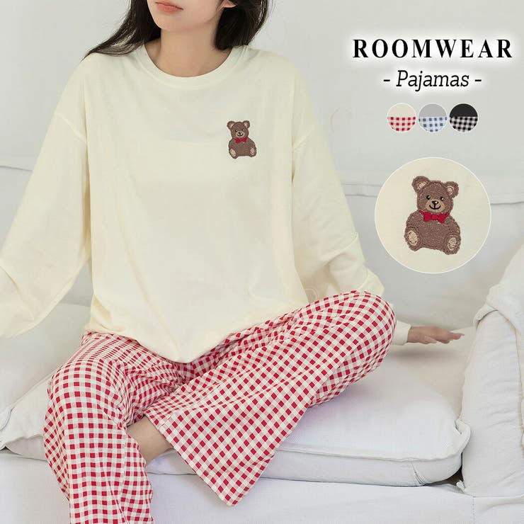 teddyshop ルームウェア レディース 全3色 セットアップ トップス 長袖 パンツ ロング丈 2点セット 上下セット パジャマ プルオーバー ロングパンツ ラウンドネック 無地 チェック くま ワンポイント 刺繍 両サイドポケット ウエストゴム