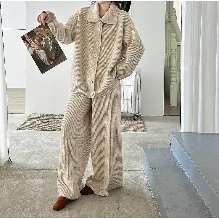 Ulysses 襟付きシングルブレストニットトップスワイドパンツセットアップ スーツ