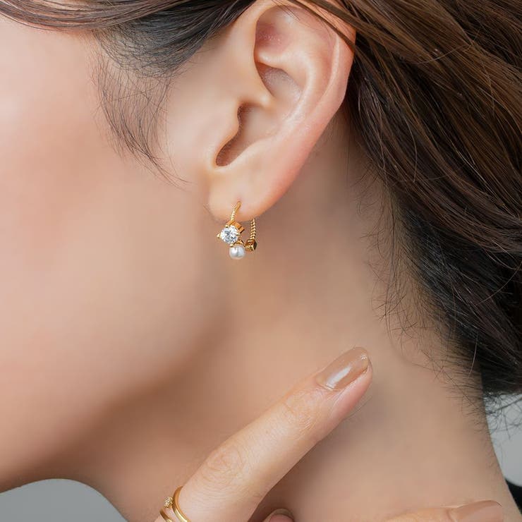 【10％OFFクーポン！11/27(木)1:59まで】CREAM-DOT ピアス 金属アレルギー ニッケルフリー 18kコーティング レディース キャッチレス 中折れ 開閉式 ワンタッチ パール ビジュー フープ ゴールド シルバー ピンクゴールド アク