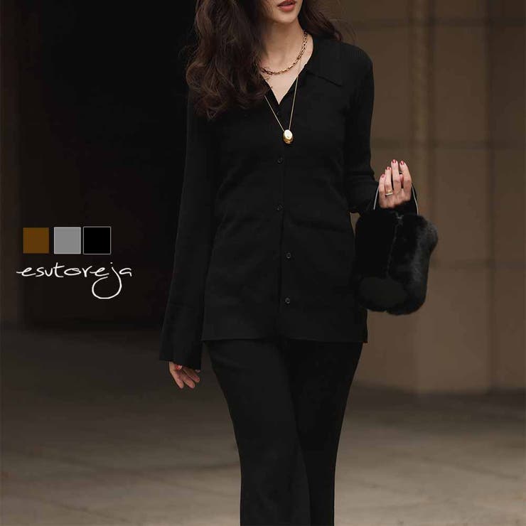 【10％OFFクーポン！12/11(木)1:59まで】BUYSENSE リブポロニットカーデイガンセットアップesutoreja セットアップ スタイルアップ レディース トレンド アウター(コート・ジャケットなど)