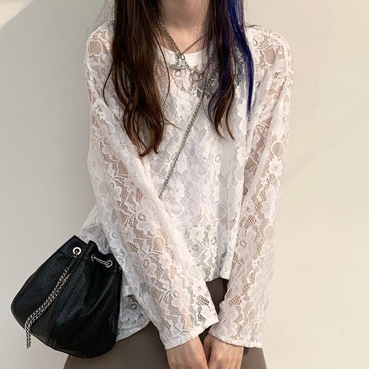 【10％OFFクーポン！11/27(木)1:59まで】レースレディース レース シアー クルーネック ロング丈 プルオーバー トップス ブラウス 長袖 ドロップショルダー レディース 春 夏 秋 オーバーサイズ トレンド シアー 透け感 モード ガーリー