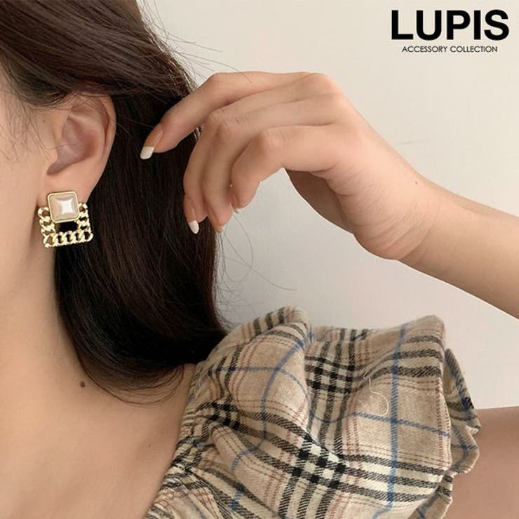 LUPIS 【S925ポスト】パール×チェーンスクエアピアス アクセサリー